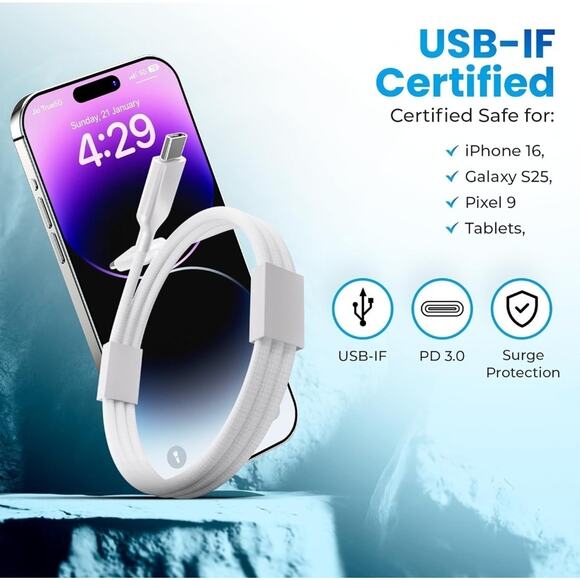 AT&T 6ft USB-C to USB-C Cable Fast Charging Data Transfer Safe Tangle Free White - Picture 4 of 8